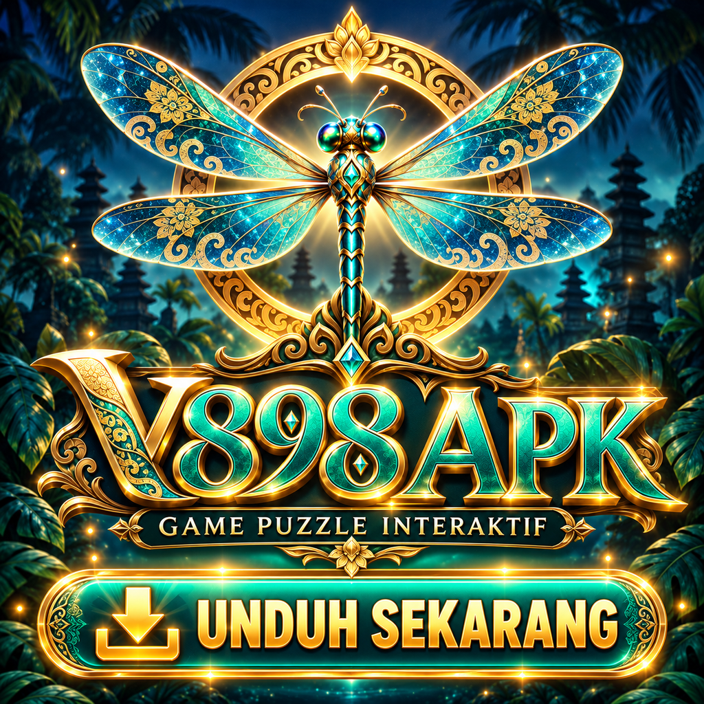 V898 APK dengan ikon unduh dan capung emas